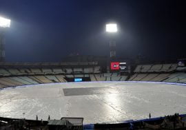 Kolkata: A view of the Eden Gardens ground covered up with plastic sheets during rains, in Kolkata