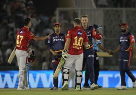 Mohali: David Miller and Marcus Stoinis of Kings XI Punjab celebrate after winning an IPL 2018 match against Delhi Daredevils
