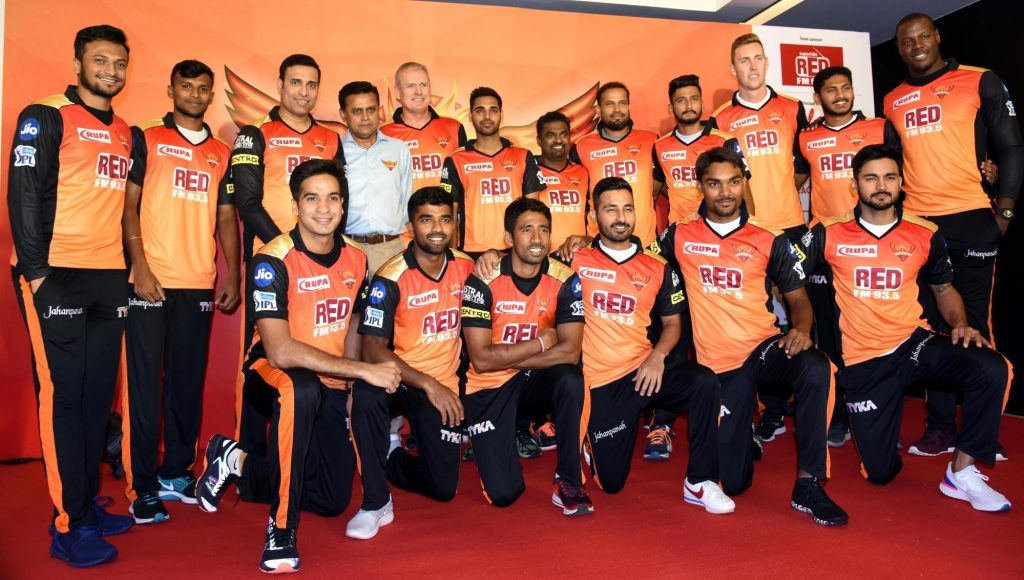 Hyderabad: Sunrisers Hyderabad mentor V.V.S Laxman, head coach Tom Moody and bowling coach Muttiah Muralitharan with team members during a press conference in Hyderabad