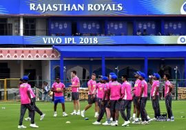 Jaipur: Rajasthan Royals players during a practice session at Sawai Mansingh Stadium in Jaipur