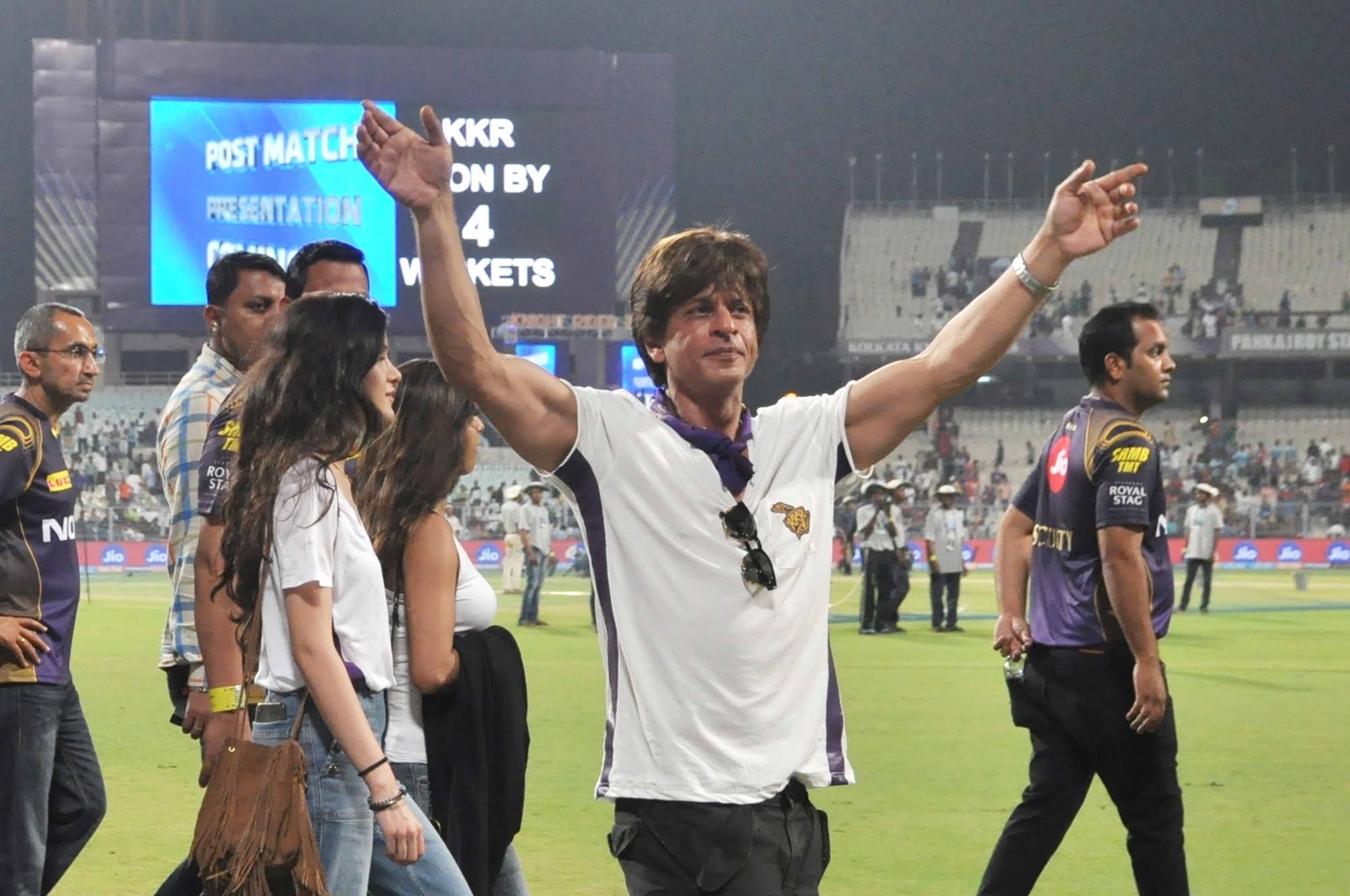 Kolkata Knight Riders co-owner Shah Rukh Khan greets fans after Kolkata Knight Riders won an IPL 2018 match against Royal Challengers Bangalore at the Eden Gardens