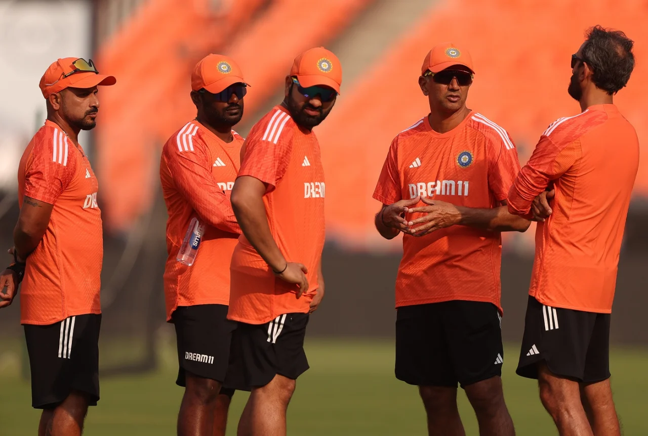Fielding coach T Dilip, data analyst Hari Prasad, captain Rohit Sharma, head coach Rahul Dravid and batting coach Vikram Rathour